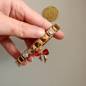 Gold Heart Italian Charm Bracelet with Red Bow Dangle